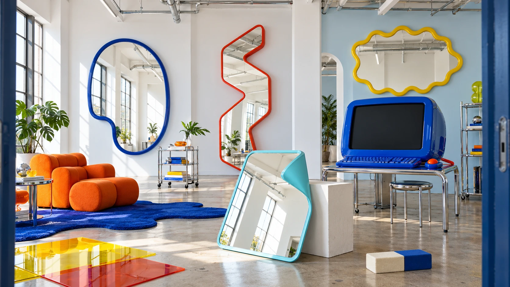 A bright imagined design gallery with original blue, red, yellow and turquoise sculptural mirrors, an orange chair and a large blue retro computer.